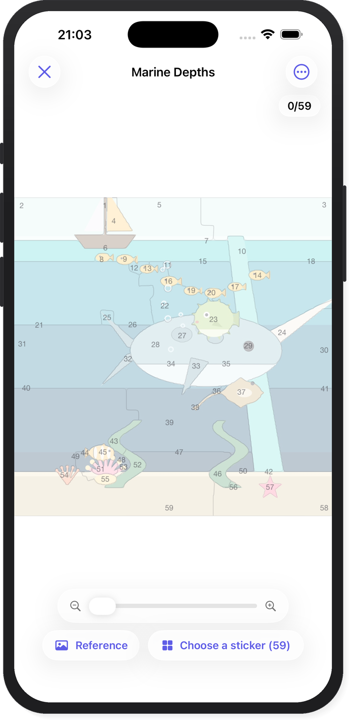 An active Pentire puzzle: a farm scene shown as numbered outline slots with a faint reference image, a zoom slider, and Reference and Choose-a-sticker buttons