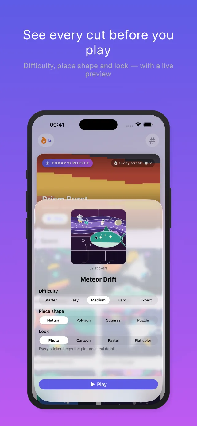 Pentire on an iPhone, captioned “See every cut before you play”: the puzzle options sheet with five difficulty levels from Starter to Expert, four piece shapes, four looks, and a live preview of the cut pattern