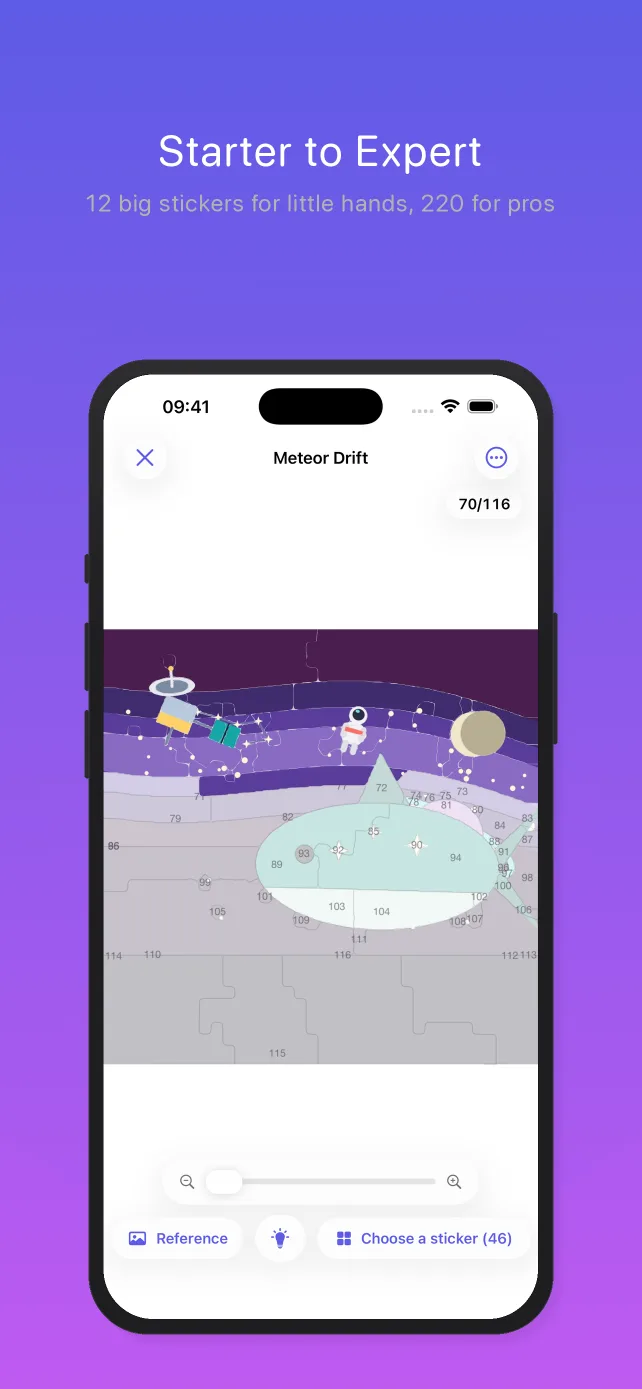 Pentire on an iPhone, captioned “Starter to Expert — 12 big stickers for little hands, 220 for pros”: a 116-sticker space puzzle part-way rebuilt