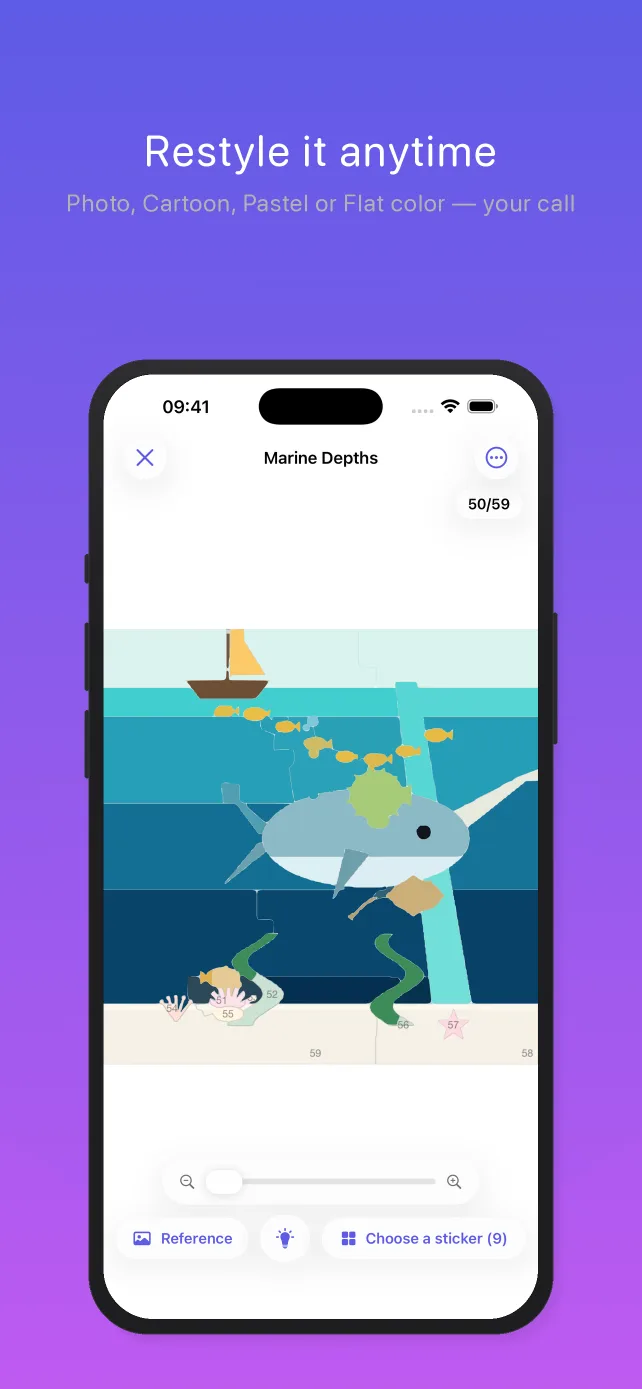 Pentire on an iPhone, captioned “Restyle it anytime — Photo, Cartoon, Pastel or Flat color”: an ocean puzzle in the Flat color look, each sticker a single solid tone