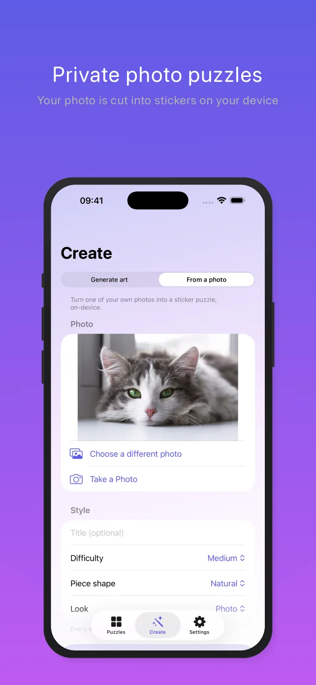Pentire on an iPhone, captioned “Private photo puzzles — your photo is cut into stickers on your device”: the Create tab in From-a-Photo mode with a photo of a grey-and-white cat chosen, plus difficulty, piece shape, and look settings