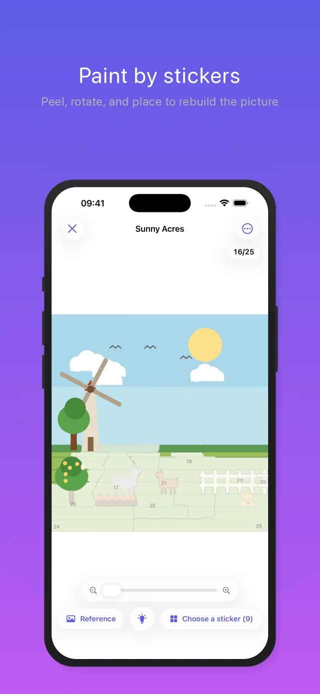 Pentire on an iPhone, captioned “Paint by stickers — peel, rotate, and place to rebuild the picture”: a farm scene part-way rebuilt from numbered sticker slots, with a zoom slider and a Choose-a-sticker button