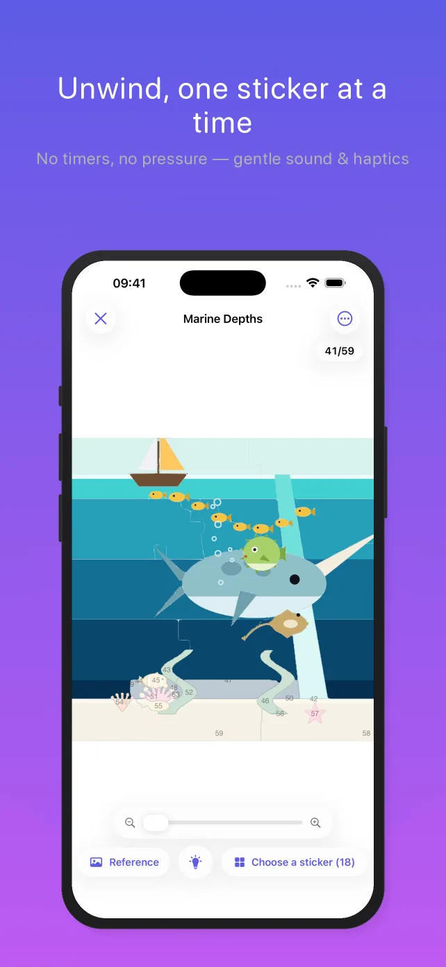 Pentire on an iPhone, captioned “Unwind, one sticker at a time — no timers, no pressure”: an underwater scene rebuilt sticker by sticker